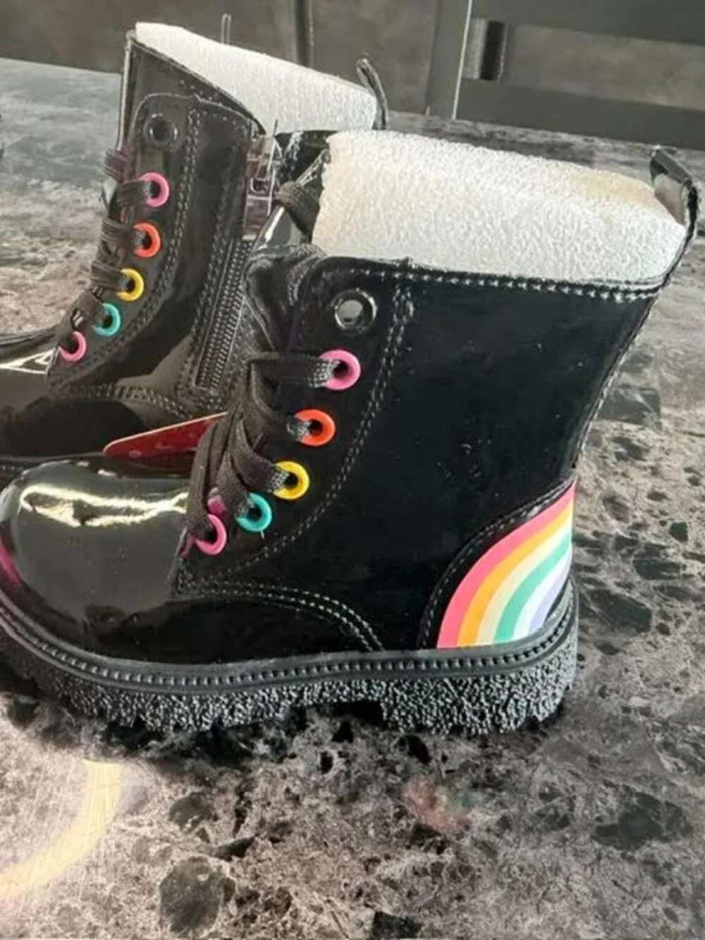 PatPat Girls Toddler Rainbow Combat Boots Black Patent Size 6.5 EU 22.5 NWT
